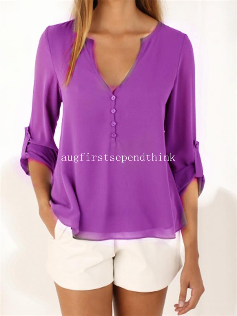 Women Summer Purple long sleeve Chiffon Tee Shirt Blouse Tops plus Size ...