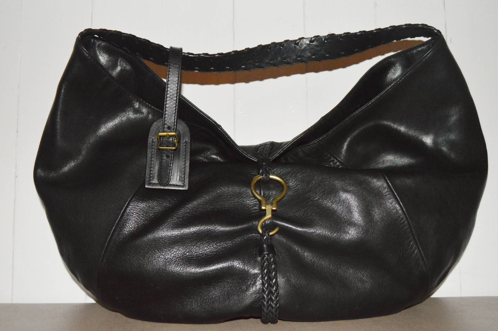 RALPH LAUREN XL Black Leather Braided Whipstitch Hobo Shoulder Bag ...