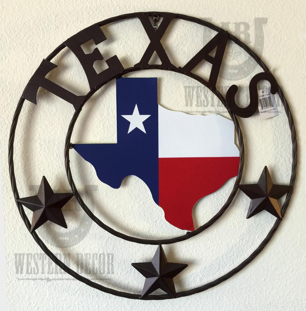 Western Metal Texas Map Flag Circle with Stars Wall ...
