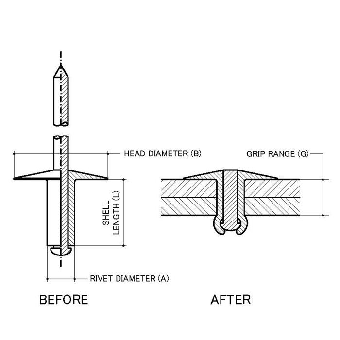 73 ASL 64 (4.8 x 11.4mm) Large Flange Aluminium Steel Blind Rivet Grip