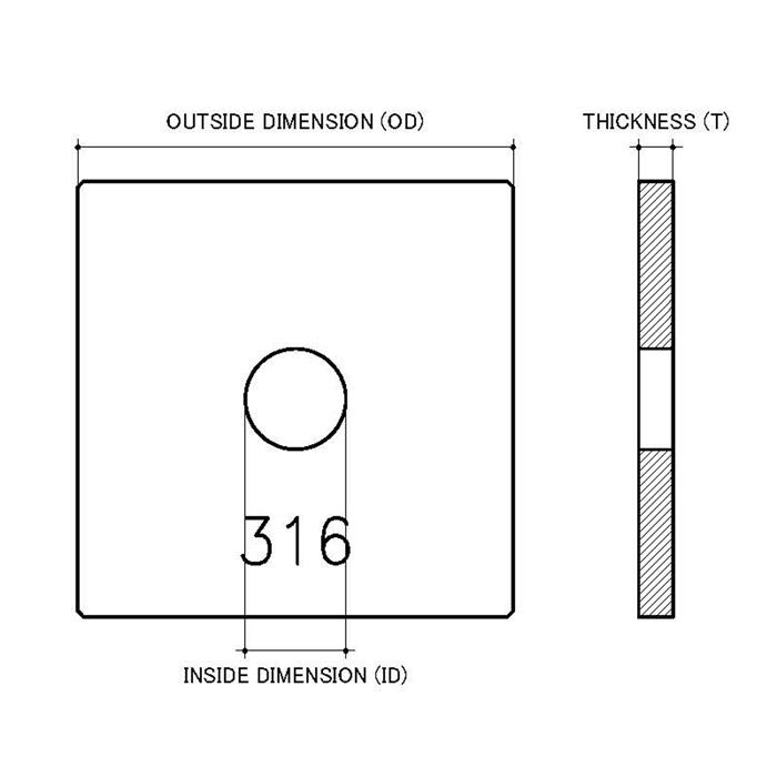 M10 (3/8") x 50mm x 50mm x 3mm Stainless A470 G316 Heavy Square