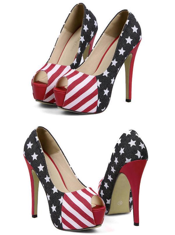 Vogue American Flag Platform Pumps Peep Toe Stiletto High Heels Shoes ...