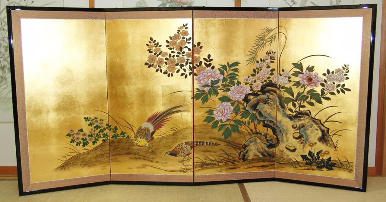 Japanese Traditional Hand Painted Byobu (Gold Leaf Folding Screen) T3