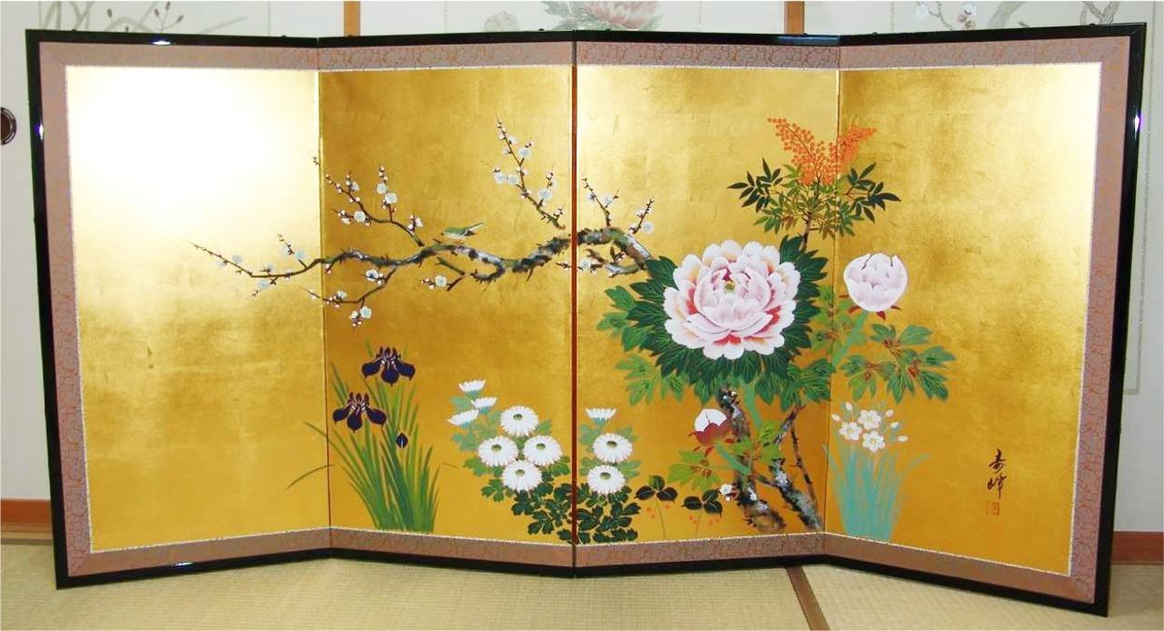 Japanese Traditional Hand Painted Byobu (Gold Leaf Folding Screen