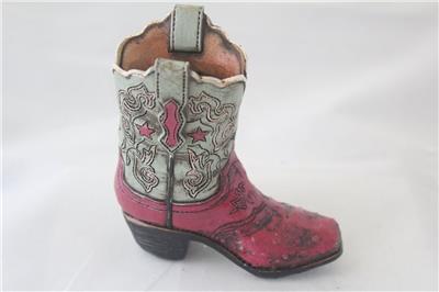 Texas Cowgirl Rustic Pink Blue Hand Tooled Leather Look Boot Piggy Bank Hand Painted Decoration