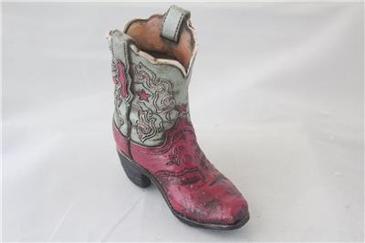 Texas Cowgirl Rustic Pink Blue Hand Tooled Leather Look Boot Piggy Bank Hand Painted Decoration