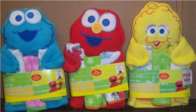 Sesame Street Wash Mit 3 Cloths Elmo Big Bird Cookie Monster