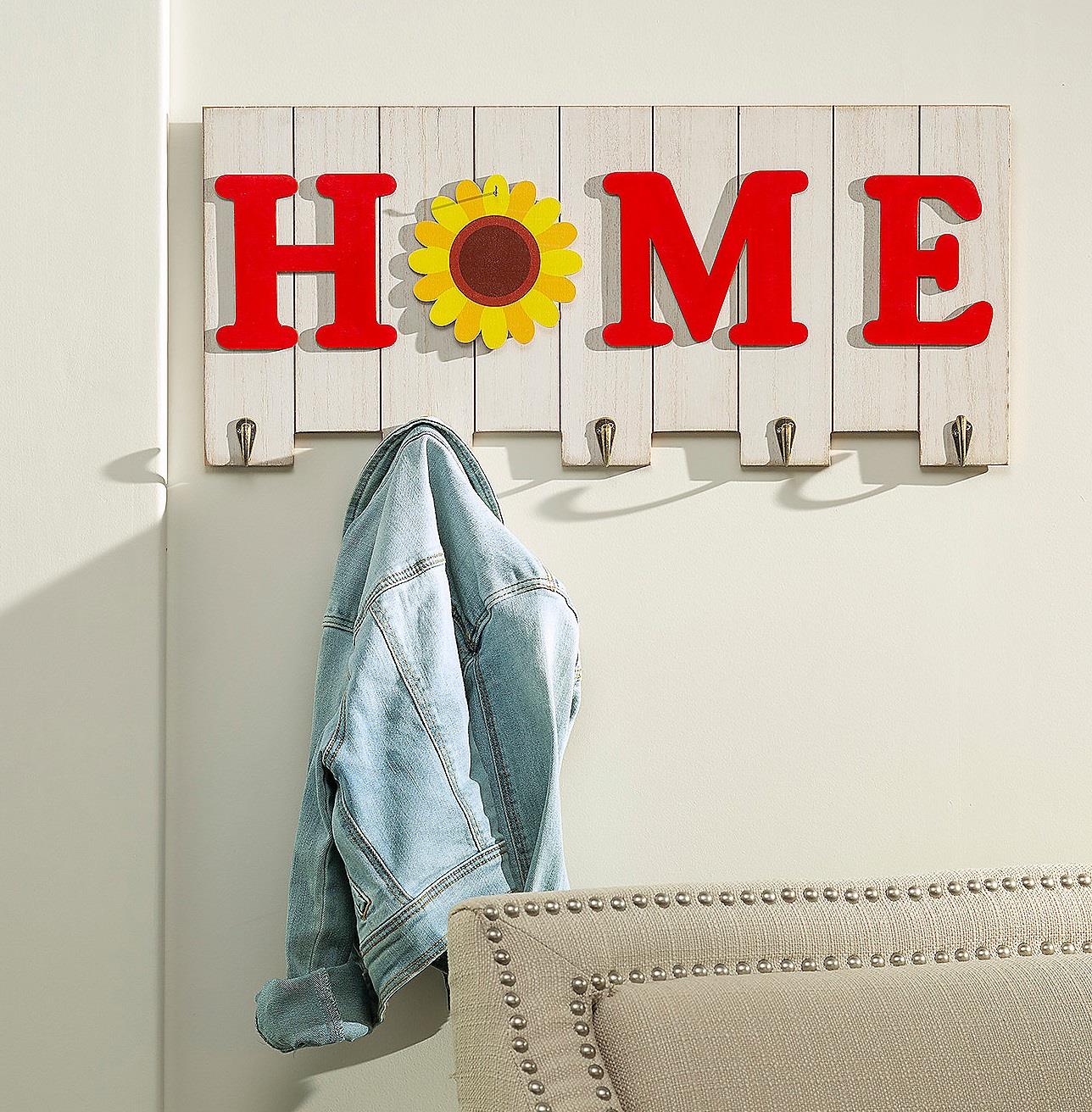 HOME Wall Hooks Hanging Wood Sign W 6 Changeable Seasonal Holiday Icons 23″L NEW