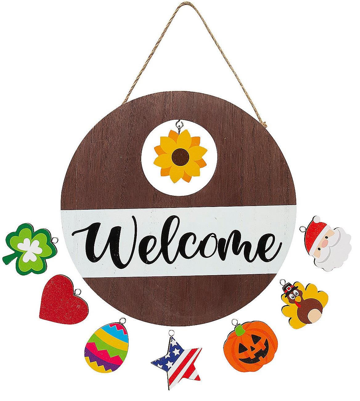 WELCOME Hanging Wood Door Wall Sign W 8 Changeable Seasons Holiday Icons 11″Dia