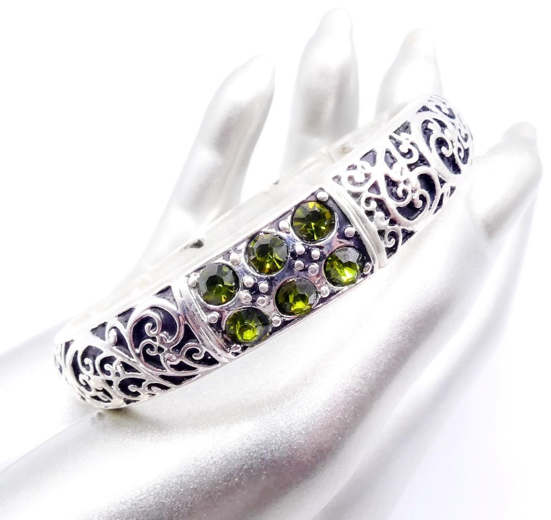 CLASSIC Designer Crystals Silver Plated Black Filigree Stretch Bangle Bracelet - Picture 10 of 12