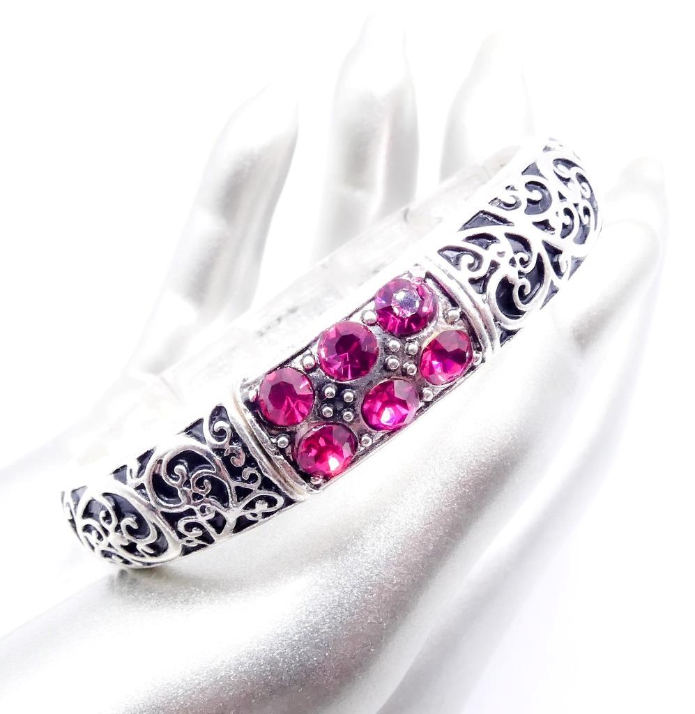 CLASSIC Designer Crystals Silver Plated Black Filigree Stretch Bangle Bracelet - Picture 11 of 12