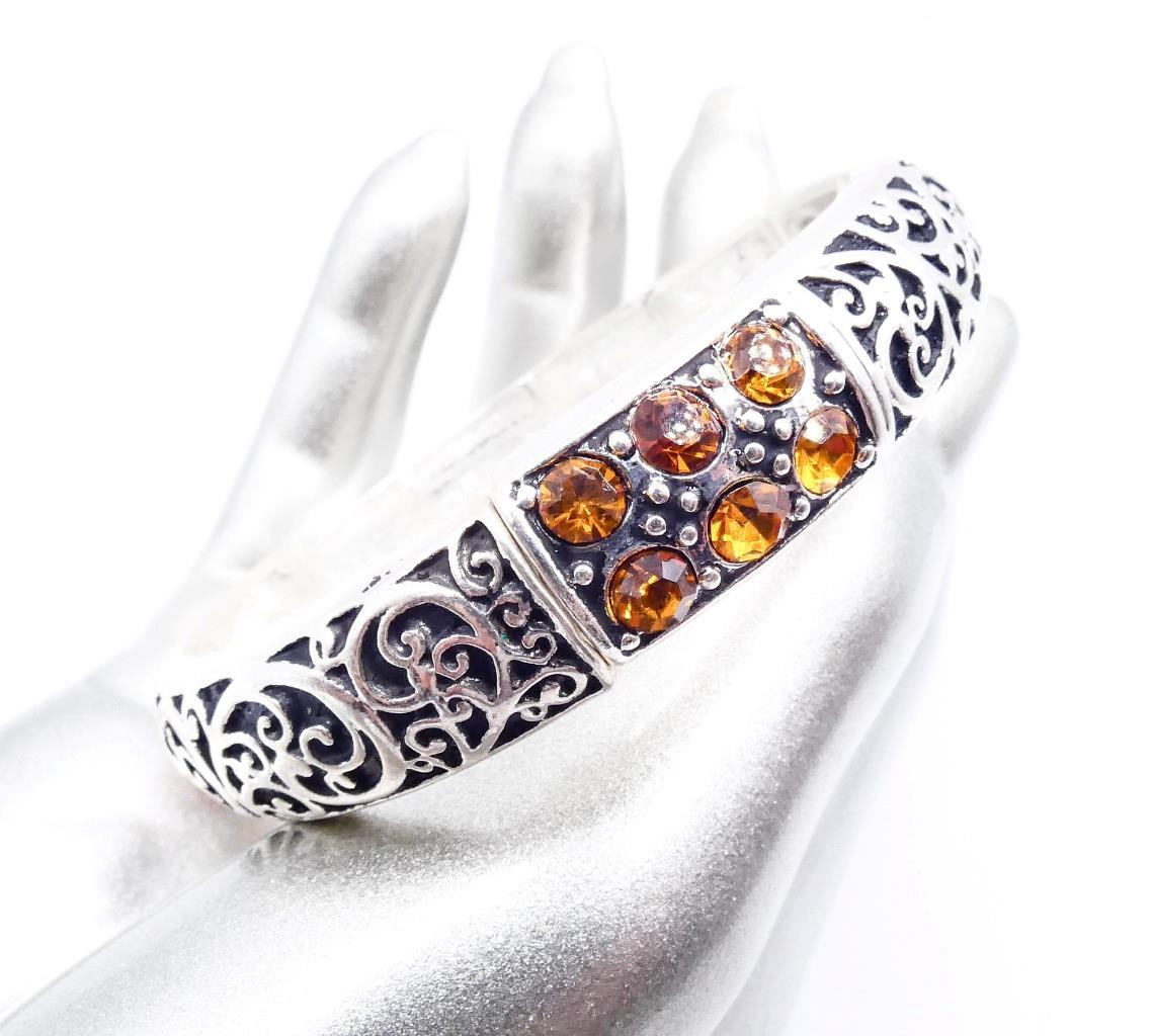 CLASSIC Designer Crystals Silver Plated Black Filigree Stretch Bangle Bracelet - Picture 12 of 12