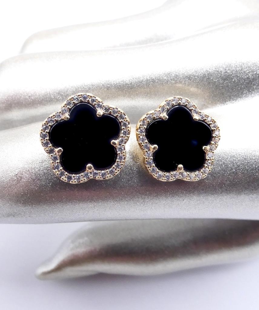 NEW 18kt Gold Plated Crystals Black Onyx Mother Pearl Malachite Flower Earrings - Picture 13 of 15