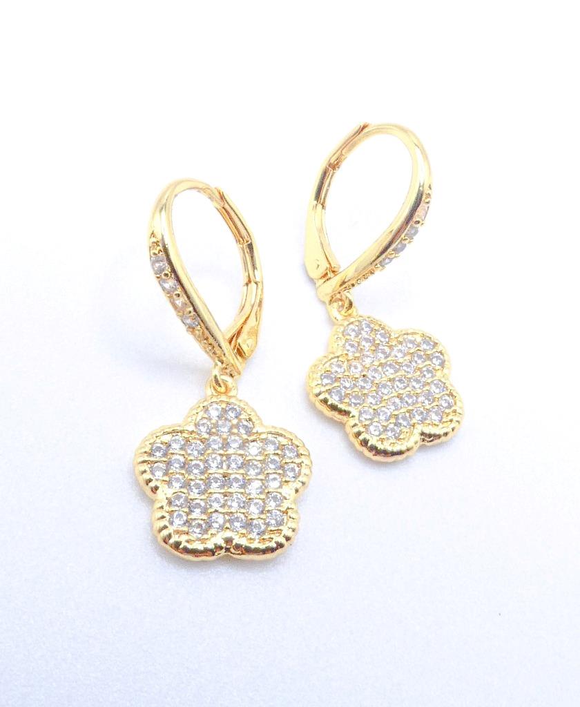 LUXURIOUS 18kt Gold Plated Crystals Encrusted 5 Petal Clover Leverback Earrings - Picture 10 of 11