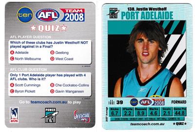 2008 Afl Teamcoach Silver Card Justin Westhoff Port Adelaide Ebay