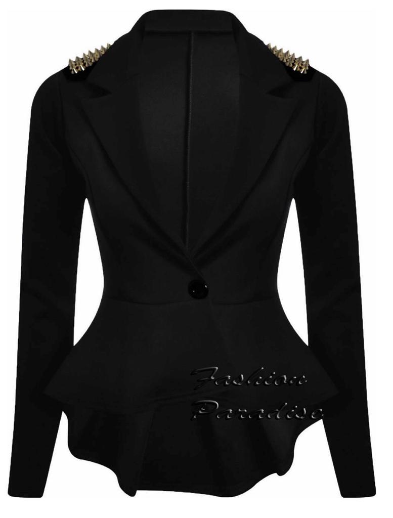 Womens Ladies Peplum Frill Blazer Tail Spike Studded Jacket Coat Blazer ...