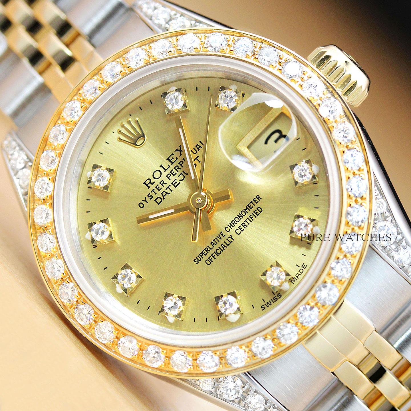 LADIES ROLEX DATEJUST FACTORY DIAMOND DIAL 18K GOLD DIAMOND BEZEL ...