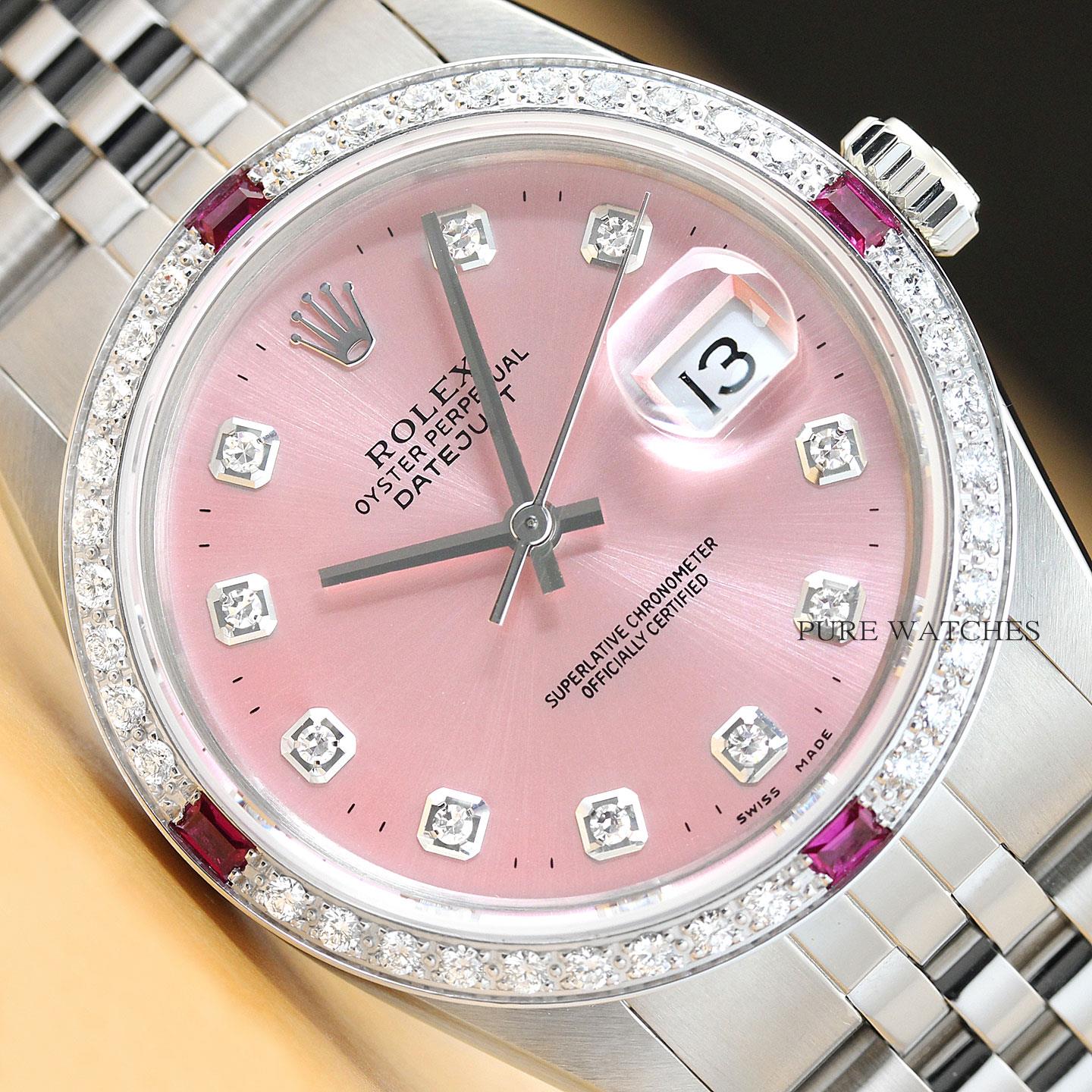 MENS ROLEX DATEJUST PINK RUBY DIAMOND 18K WHITE GOLD STAINLESS STEEL WATCH