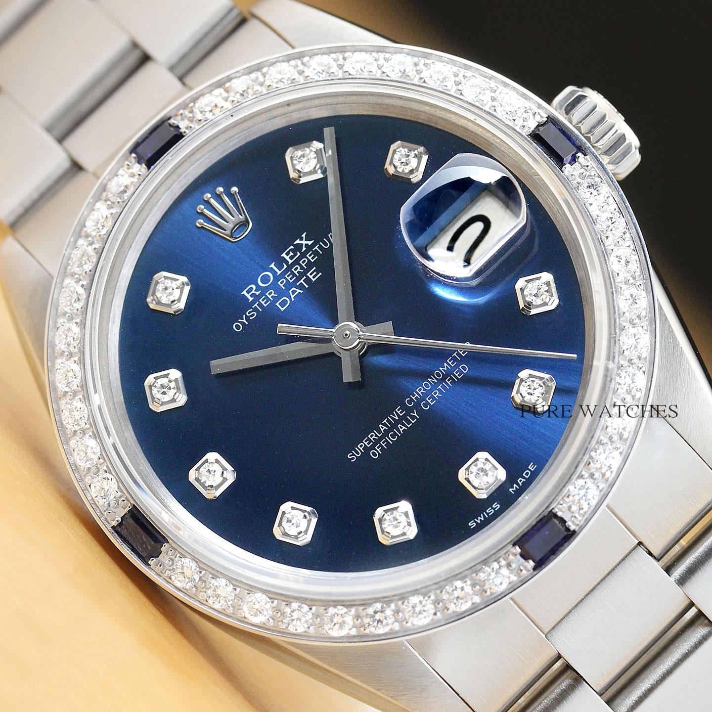 ROLEX MENS 34MM OYSTER PERPETUAL DATE 18K WHITE GOLD DIAMOND SAPPHIRE ...