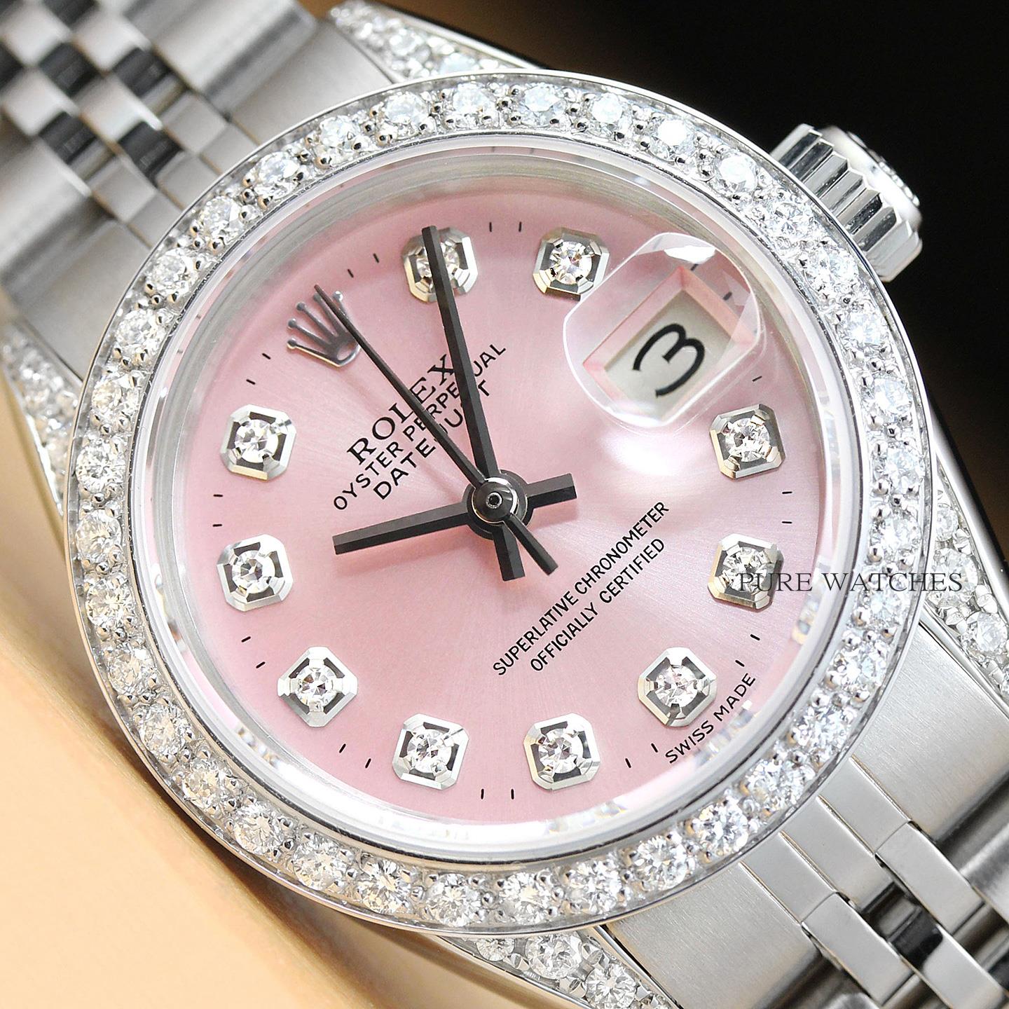 pink rolex watch with diamonds