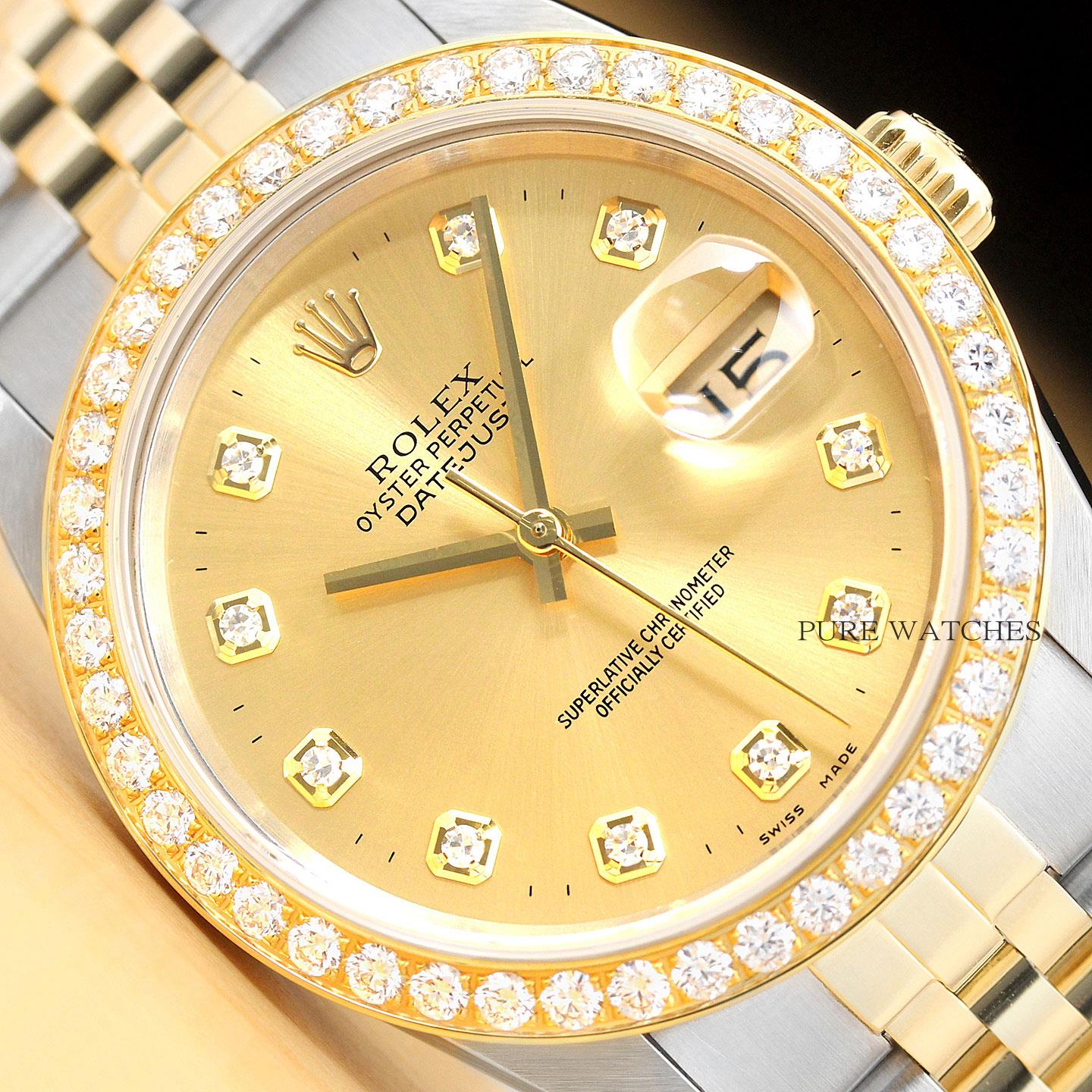 ROLEX MENS DATEJUST 16233 18K YELLOW GOLD DIAMOND & STEEL WATCH + 1.60 ...