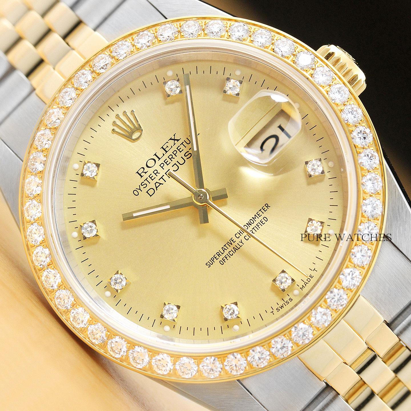 ROLEX MENS DATEJUST 16233 FACTORY DIAMOND DIAL TWO TONE WATCH + 1.60 CT ...