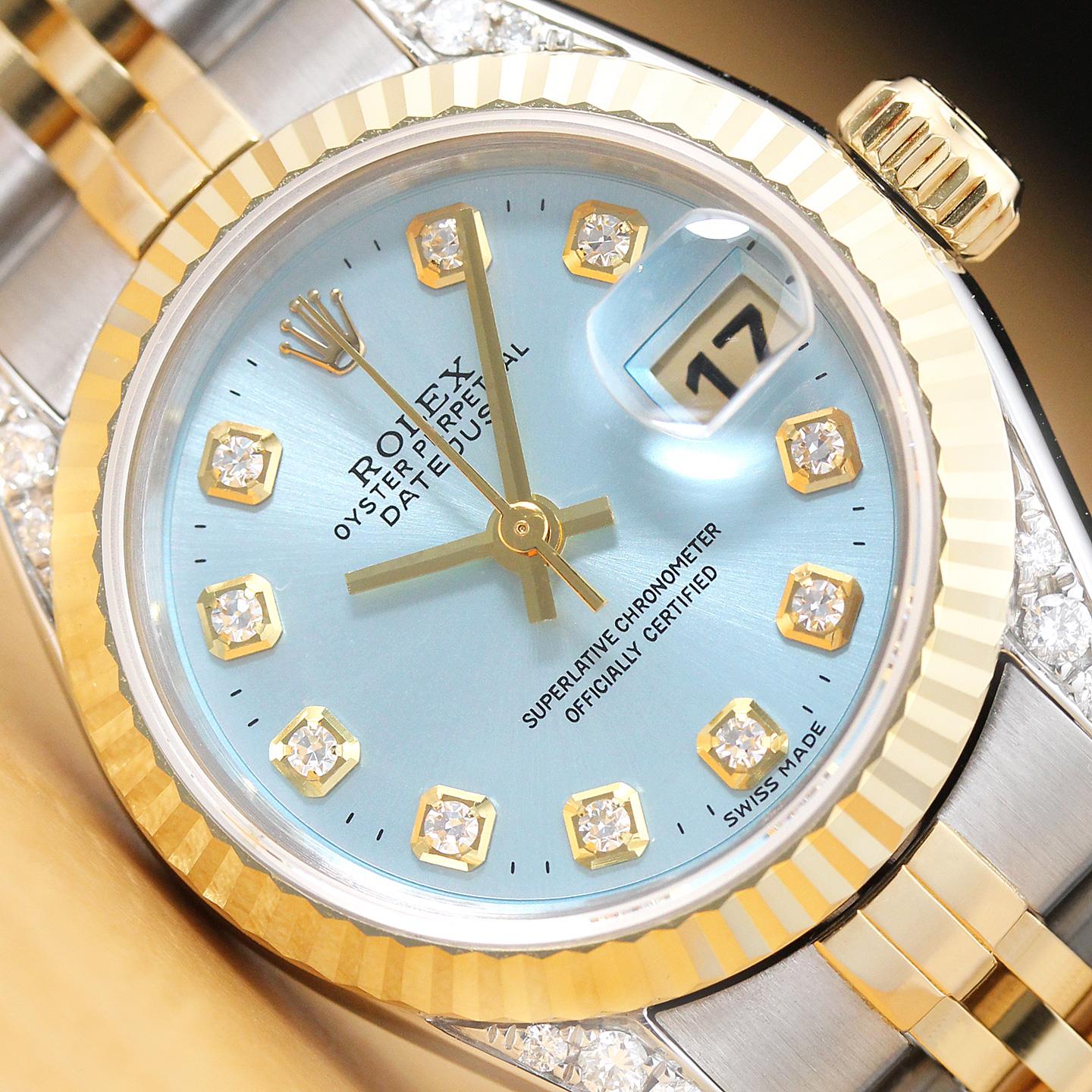 ROLEX LADIES DATEJUST ICE BLUE DIAL 18K GOLD & STEEL WATCH 69173 +