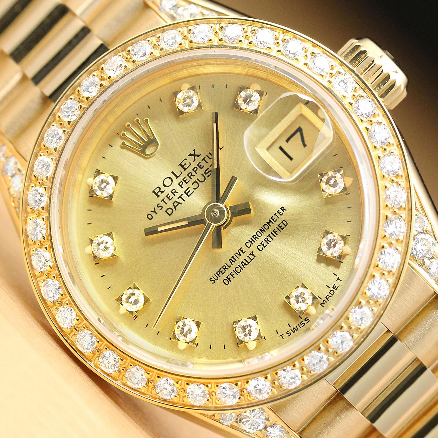 ROLEX LADIES PRESIDENT FACTORY DIAMOND DIAL DIAMOND BEZEL LUGS 18K GOLD WATCH eBay