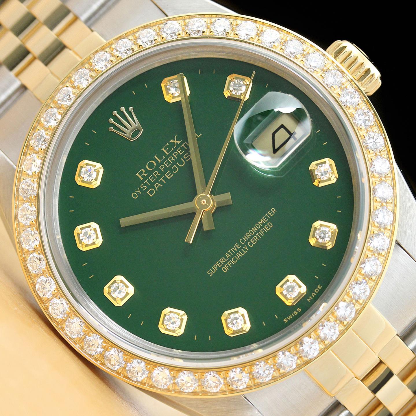 ROLEX MENS DATEJUST GREEN DIAMOND 18K YELLOW GOLD STEEL WATCH 1.6 CT BEZEL