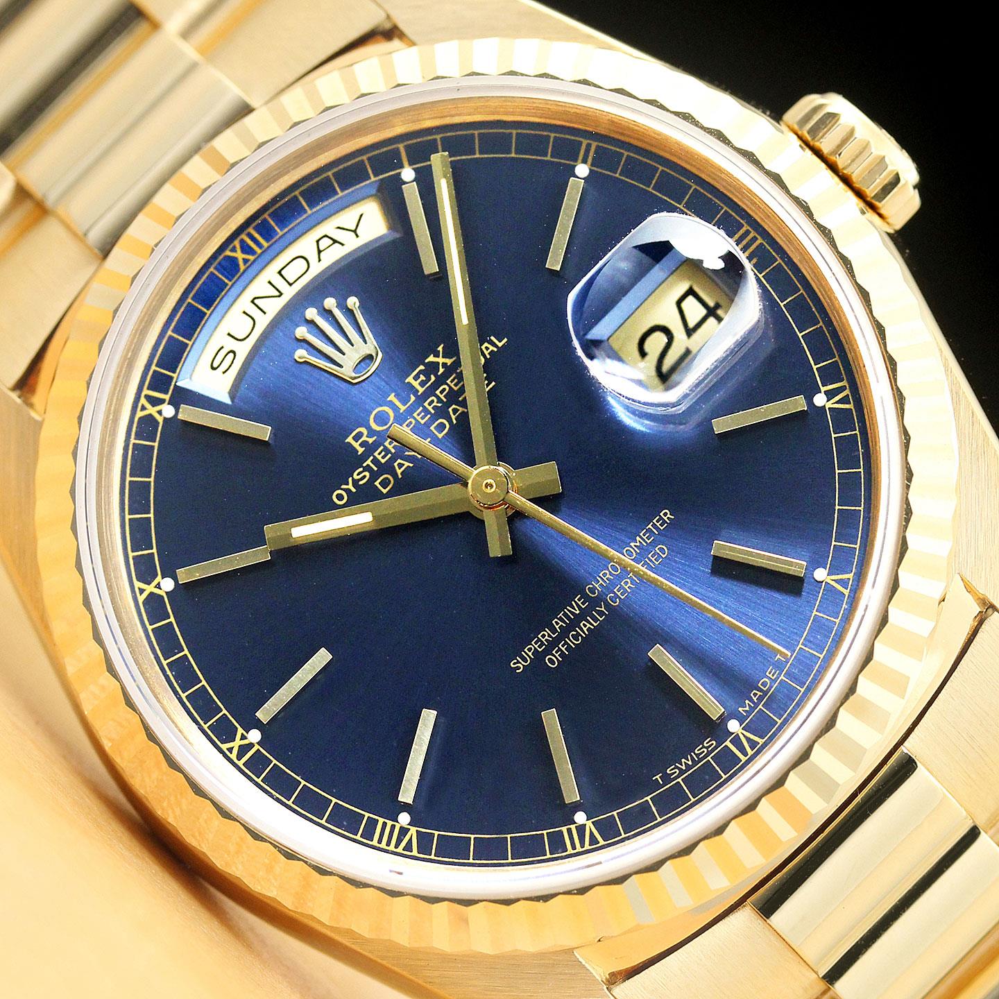 ROLEX MENS PRESIDENT DAY-DATE BLUE DIAL 18K YELLOW GOLD DOUBLE