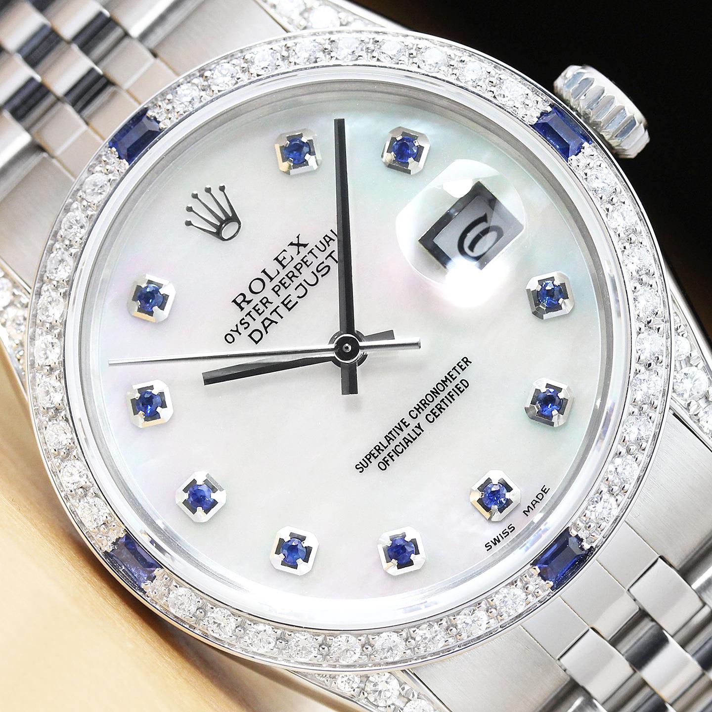 MENS ROLEX DATEJUST MOTHER OF PEARL SAPPHIRE DIAMOND 18K WHITE