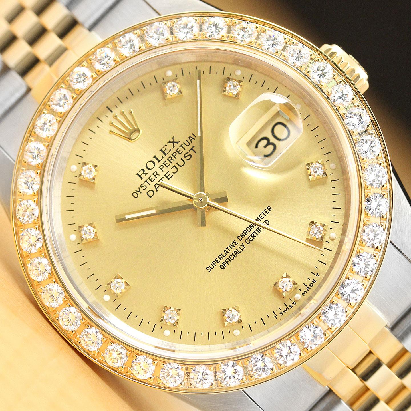 ROLEX MENS DATEJUST FACTORY DIAMOND DIAL 2.0 CT BEZEL 18K YELLOW