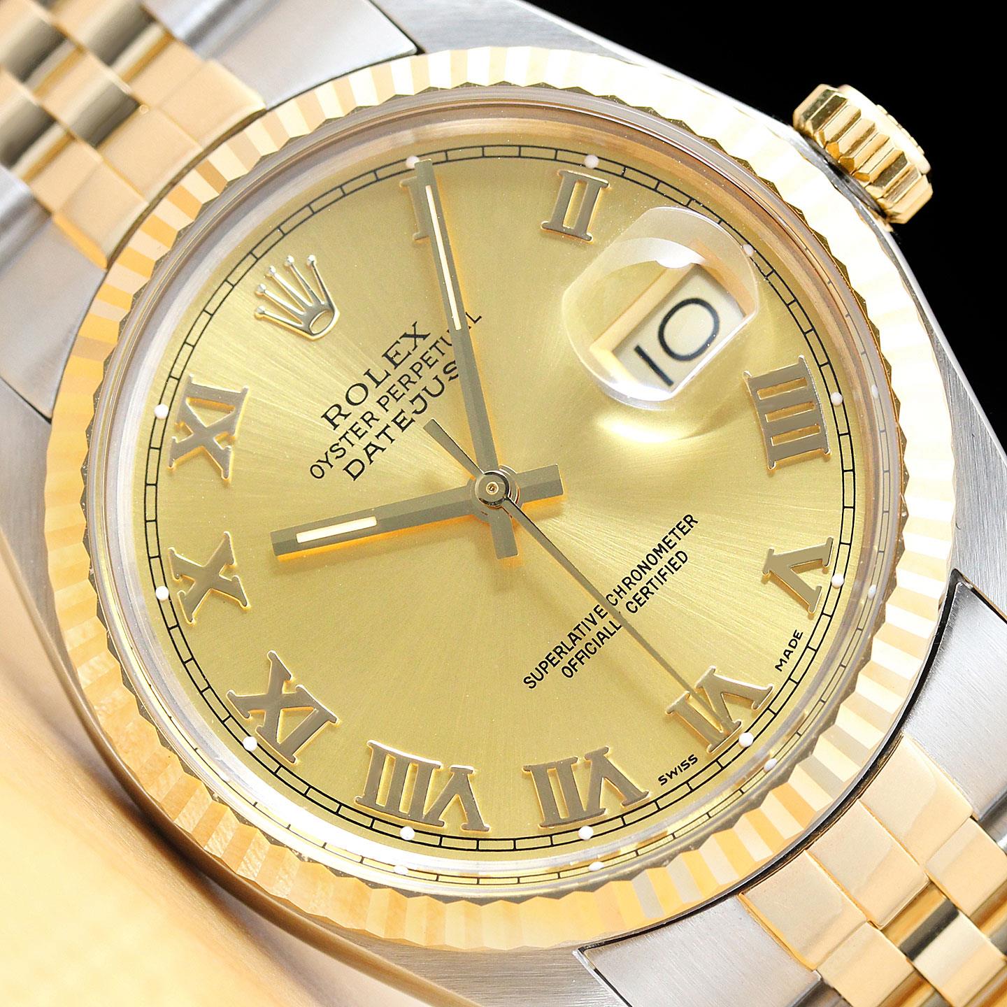 ROLEX MENS DATEJUST 16013 CHAMPAGNE ROMAN 18K YELLOW GOLD STEEL