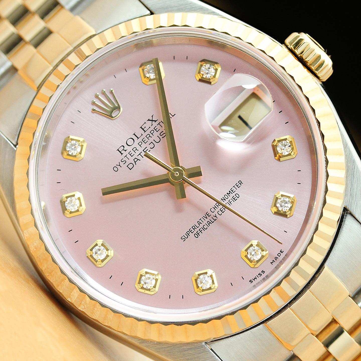 ROLEX MENS DATEJUST 16233 PINK DIAMOND 18K YELLOW GOLD STEEL