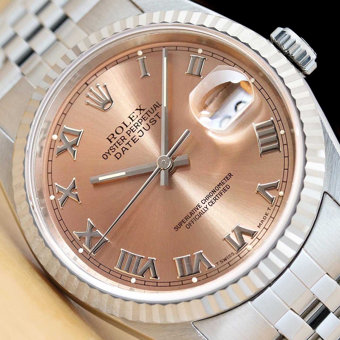 ROLEX MENS DATEJUST SALMON ROMAN DIAL 18K WHITE