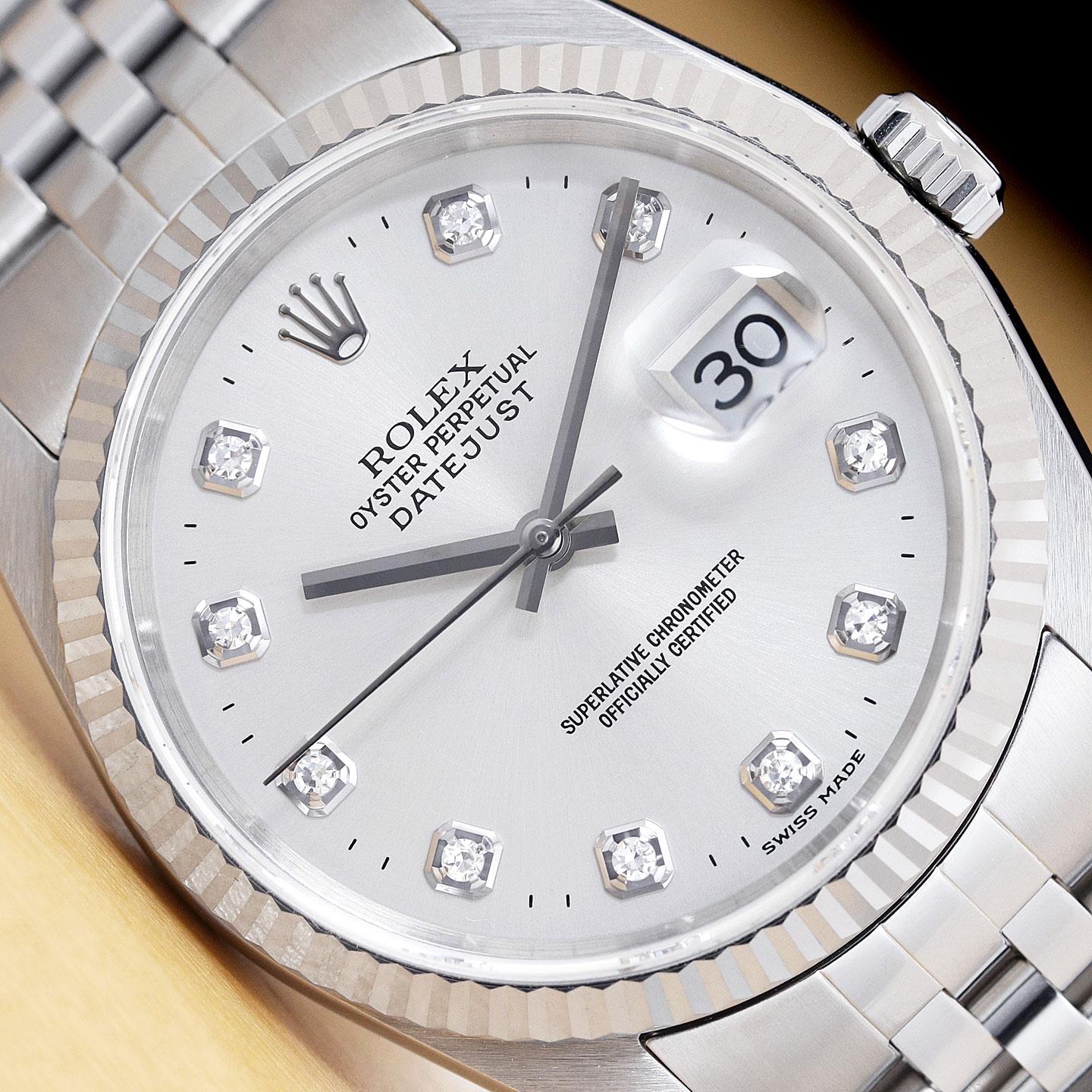 K MENS ROLEX DATEJUST 16234 FACTORY SILVER DIAMOND DIAL 18K WHITE