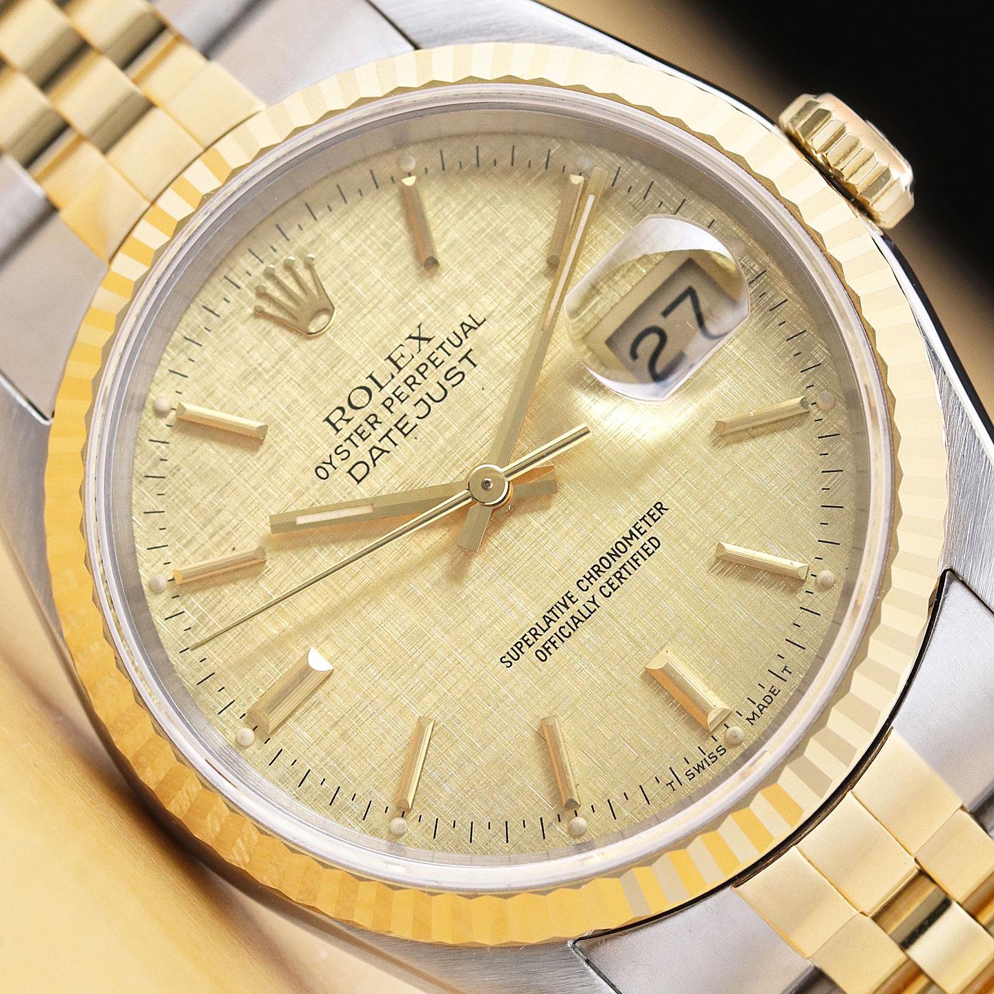 ROLEX MENS DATEJUST 16233 CHAMPAGNE LINEN 18K YELLOW GOLD