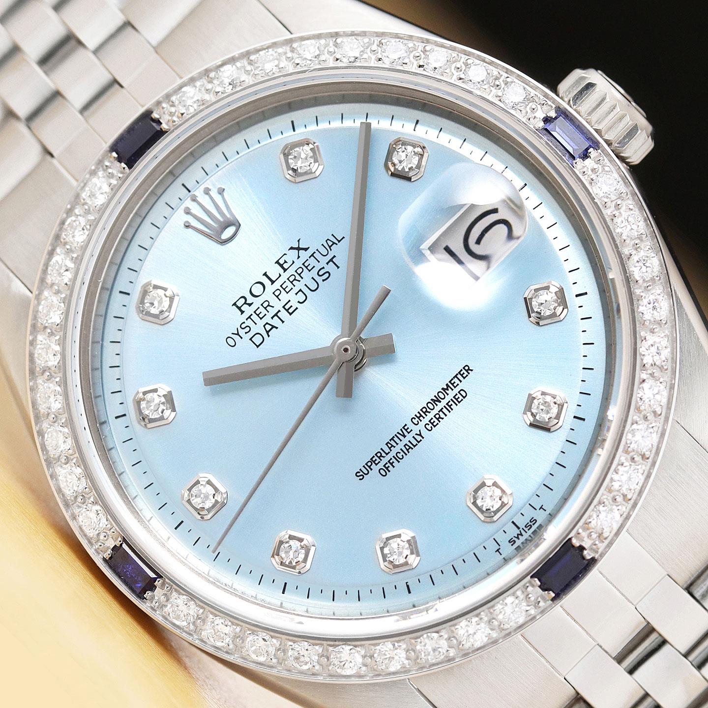 ROLEX MENS DATEJUST ICE BLUE 18K GOLD SS DIAMOND SAPPHIRE WATCH w