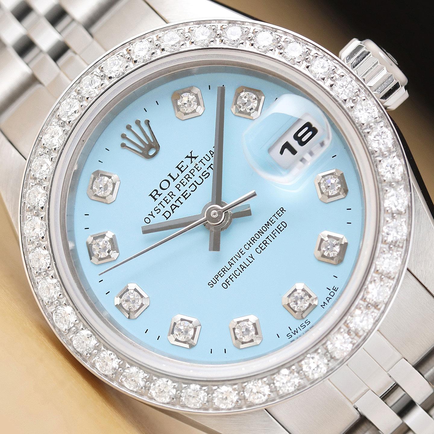 趣味 OYSTER PERPETUAL DATEJUST ROLEX LADIES DATEJUST 79174 NO HOLES AQUA BLUE DIAL 18K GOLD STEEL