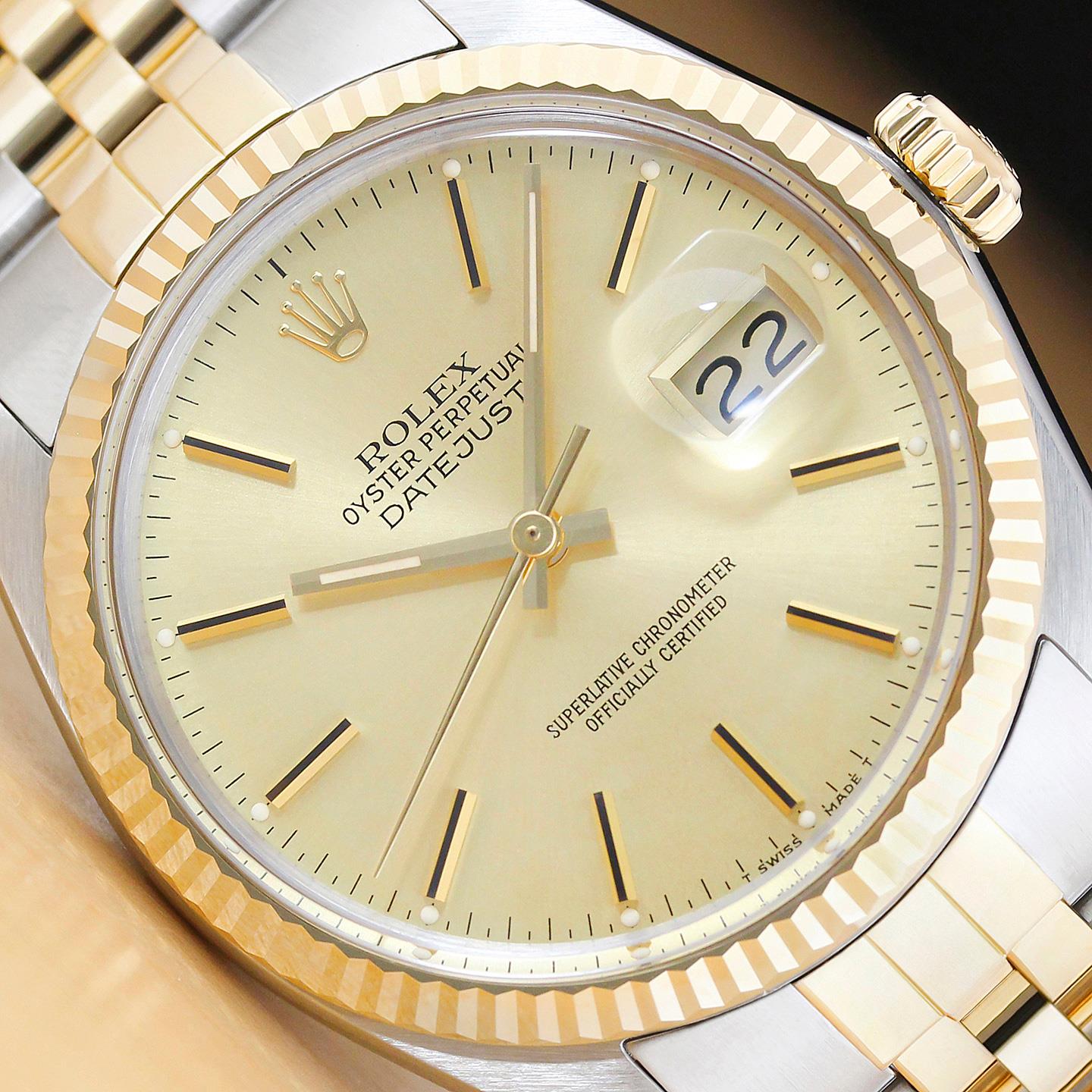 ROLEX MENS DATEJUST 16013 18K YELLOW GOLD STEEL CHAMPAGNE DIAL TWO