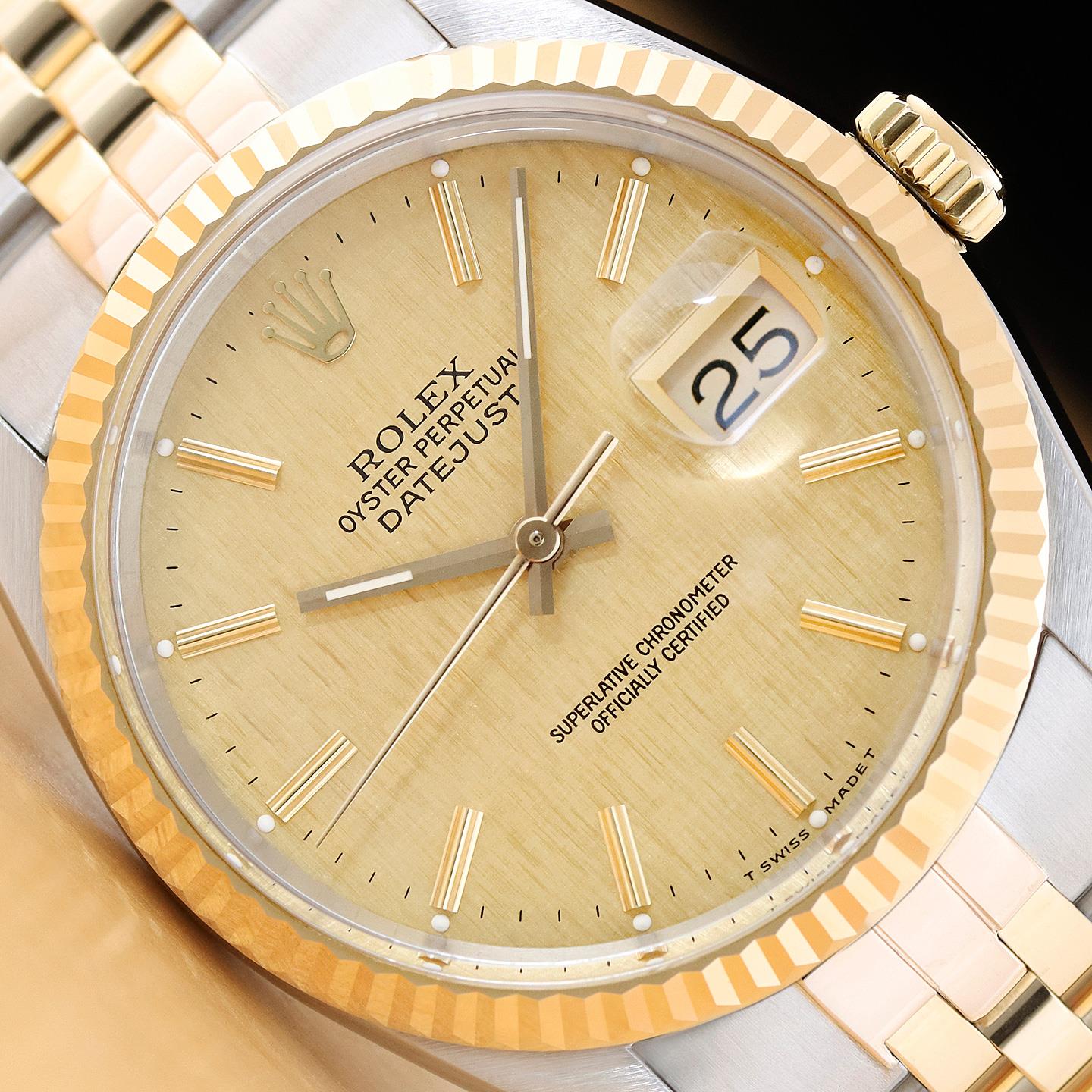 ROLEX MENS DATEJUST 16013 CHAMPAGNE LINEN DIAL 18K GOLD STEEL 2