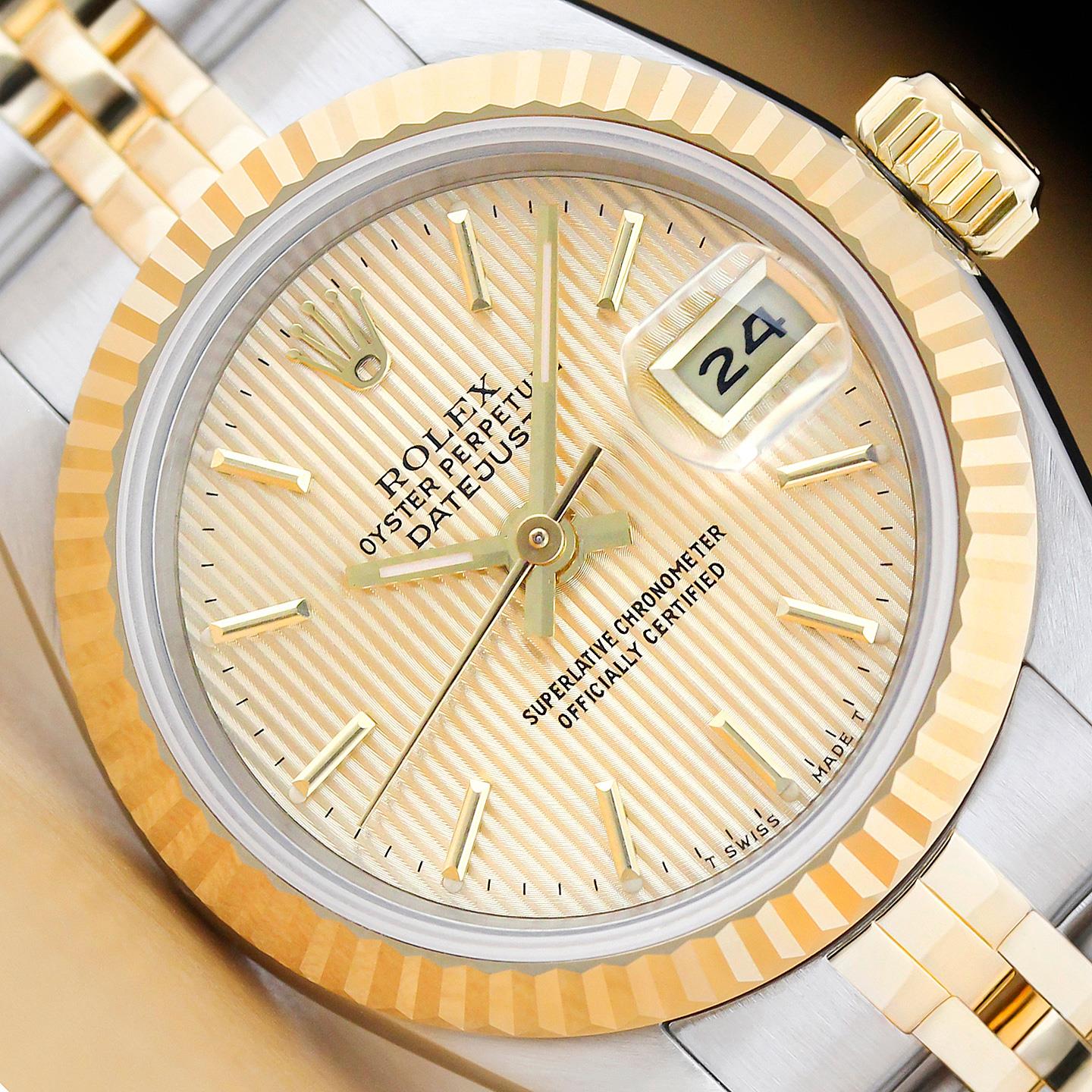 ROLEX LADIES DATEJUST 69173 CHAMPAGNE TAPESTRY DIAL 18K GOLD STEEL