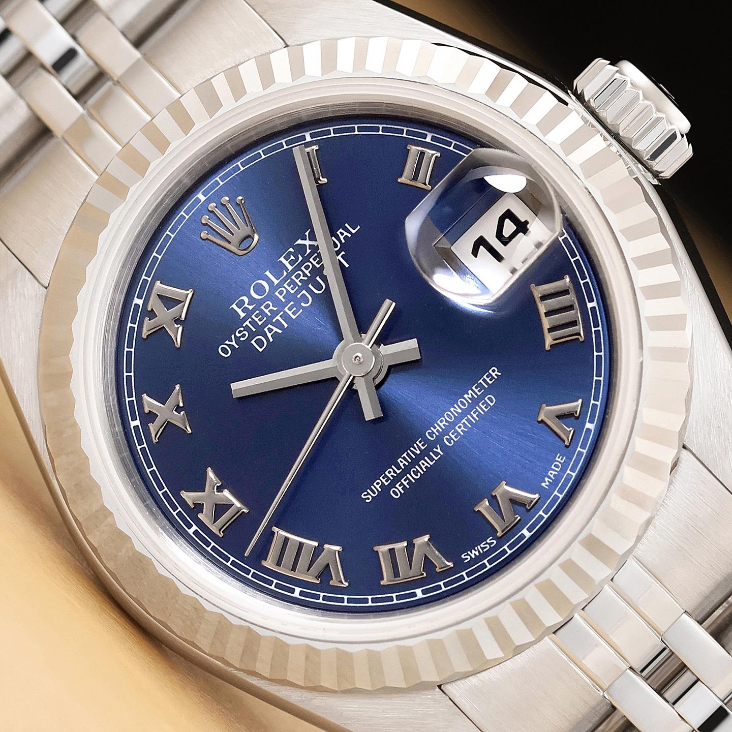 ROLEX LADIES DATEJUST 79174 BLUE ROMAN DIAL 18K WHITE GOLD 