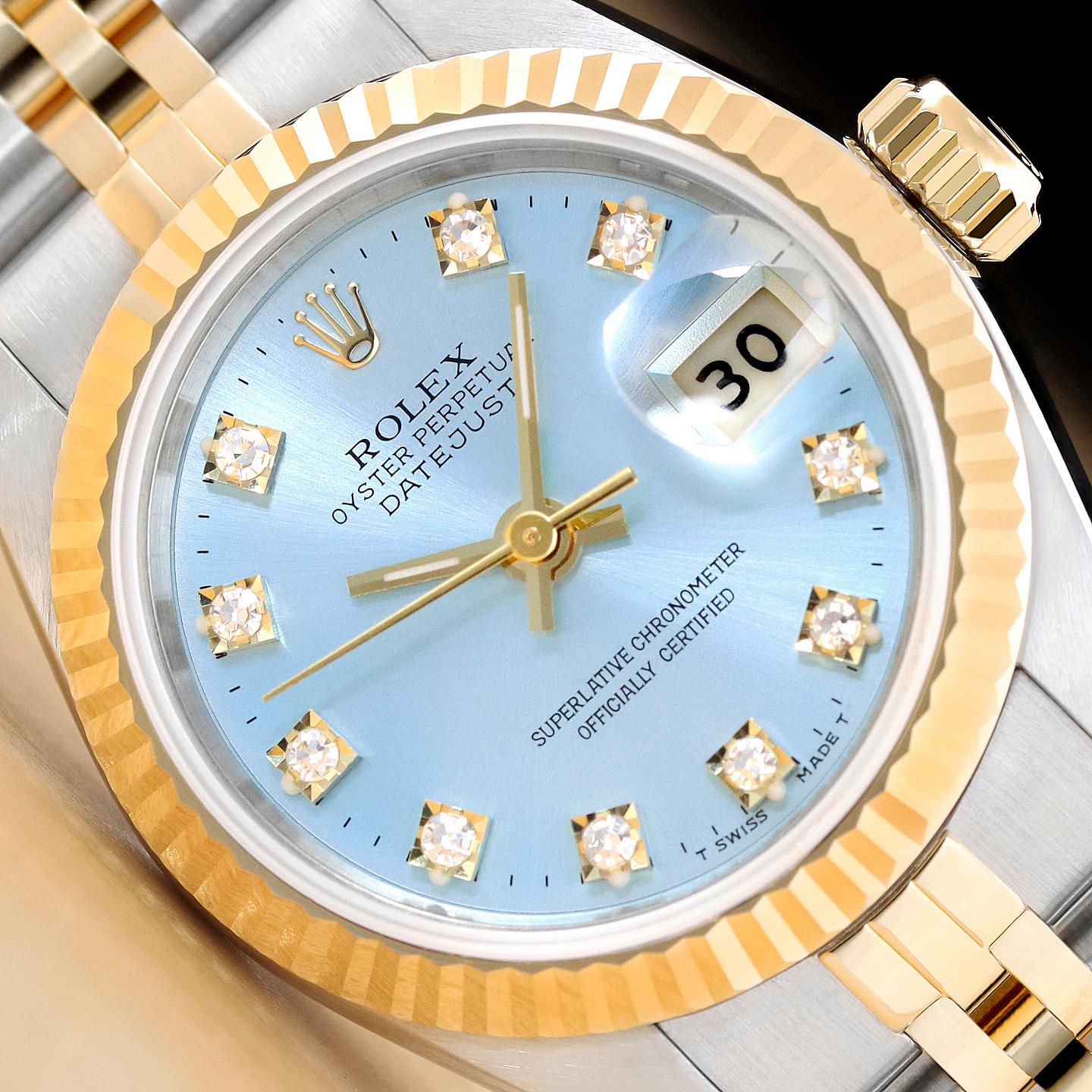 ROLEX LADIES DATEJUST 69173 ICE BLUE FACTORY DIAMOND DIAL 18K GOLD