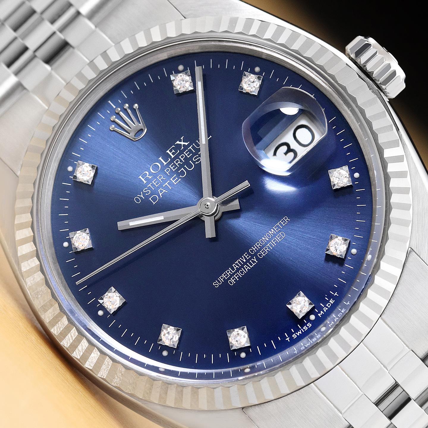 MENS ROLEX DATEJUST 16234 BLUE FACTORY DIAMOND DIAL 18K WHITE GOLD