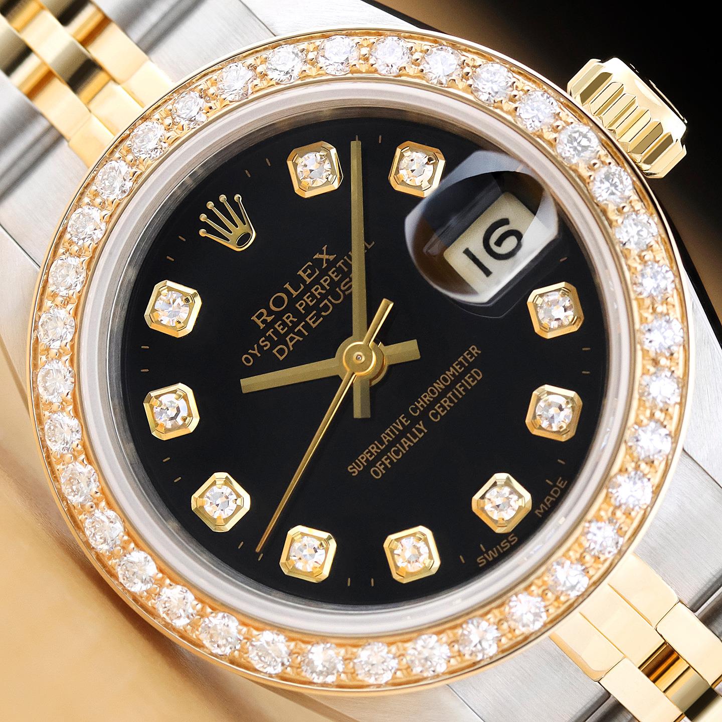 ROLEX LADIES 2-TONE DATEJUST 18K GOLD STEEL FACTORY DIAMOND DIAL WATCH Rolex 69178 Lady Datejust 18K Yellow Gold Black Diamond Dial  main image 2