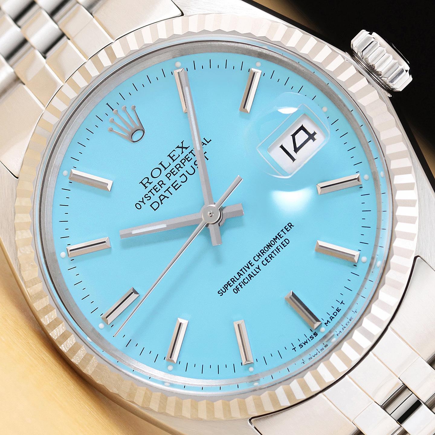 ROLEX MENS DATEJUST 16014 AQUA BLUE DIAL 18K WHITE GOLD STEEL