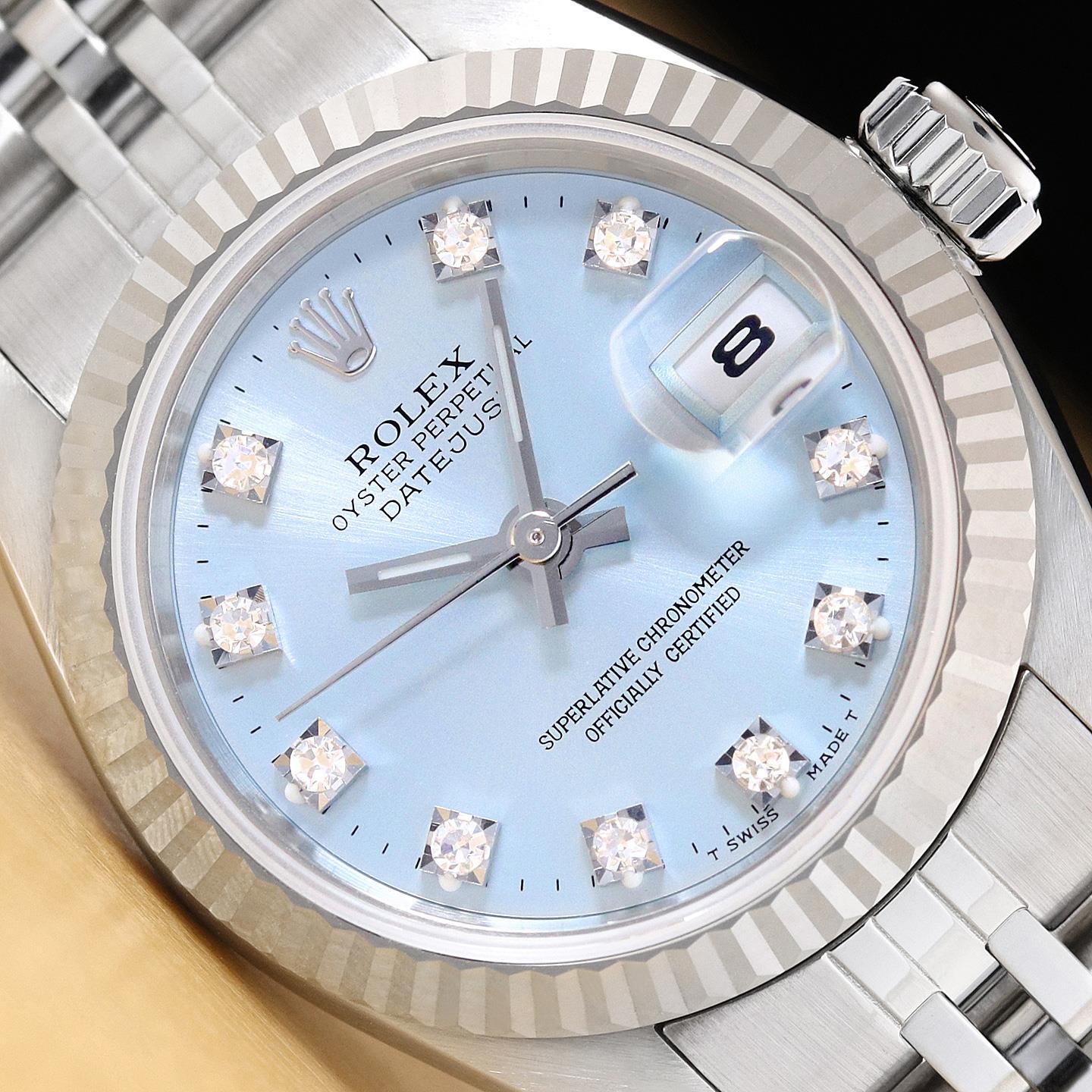ROLEX LADIES DATEJUST 69174 ICE BLUE FACTORY DIAMOND DIAL 18K GOLD