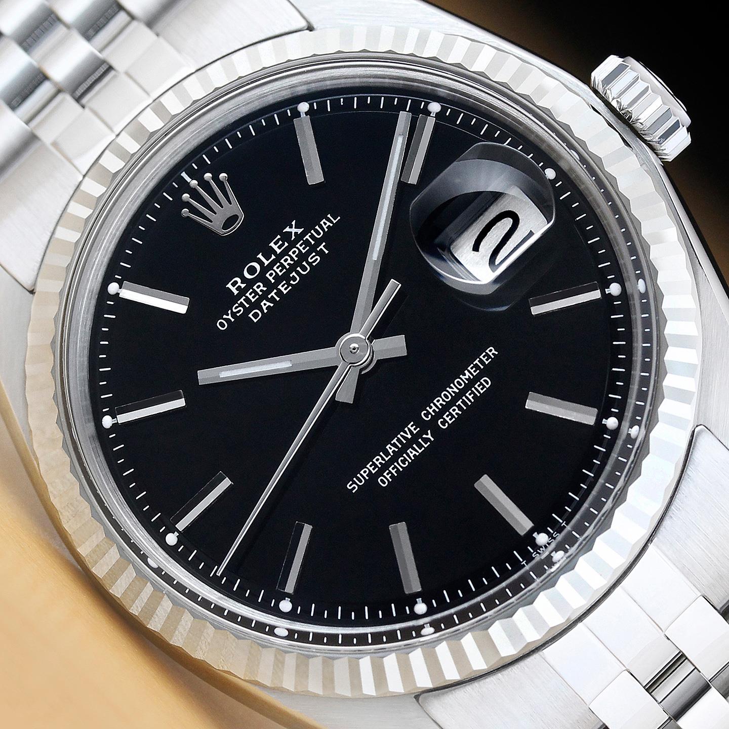 ROLEX MENS DATEJUST BLACK DIAL 18K WHITE GOLD BEZEL & STAINLESS