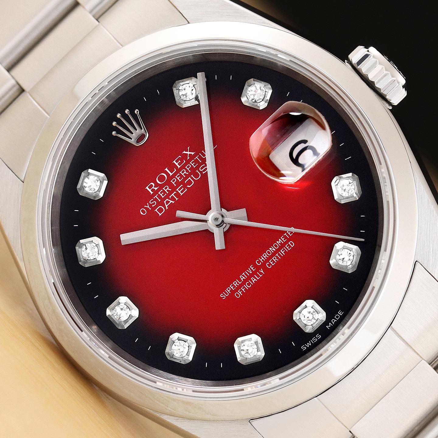 ROLEX MENS DATEJUST 16200 RED VIGNETTE DIAMOND DIAL STEEL WATCH w